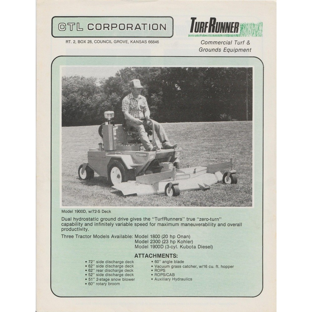 Vintage CTL Corporation TurfRunner Brochure Model 1800 2300 1900D Kubota Kohler